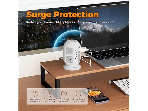 TESSAN 10ft Cord Power Tower (8 Outlets, 1 USB-C, 3 USB-A)