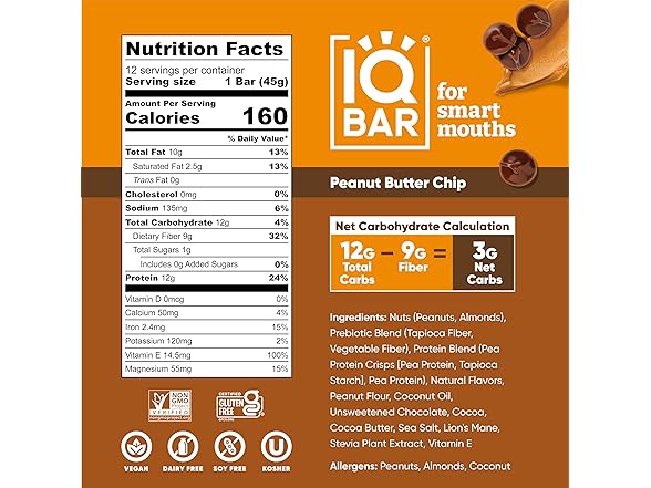IQBAR Plant Protein Bars, Peanut Butter Chip, 24c