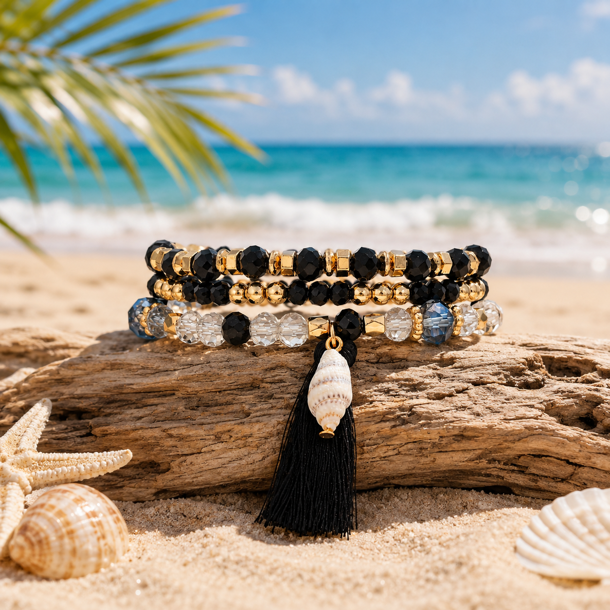 Stretch Beaded Bracelet Stack with Tassel & Shell Charm - Gallery 5