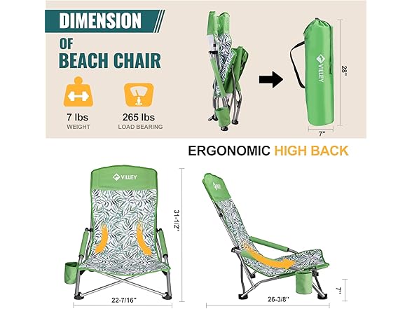 VILLEY Low Beach Chair, High Back
