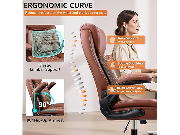 Office Chair, Ergonomic Desk Chair with Lumbar Support for Lower Back Pain Relief, Executive Leather Chair with Padded Flip-up Armrests and Wheels, Brown (Open Box)