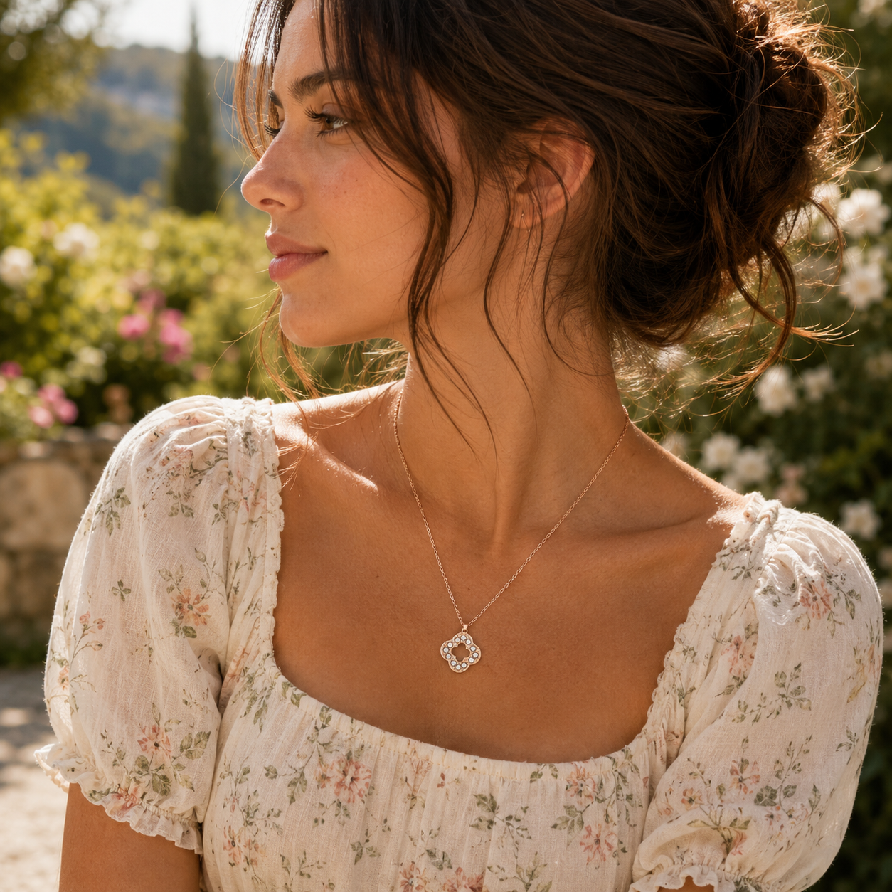 18K Gold Open Clover CZ Necklace - Gallery 6