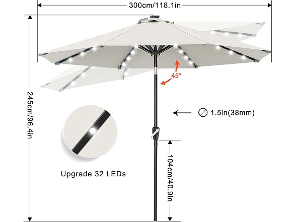 ABCCANOPY Solar Led Patio Umbrella with 32 Lights 10FT(Light Beige)