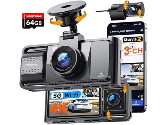 YEECORE Real 4K 3 Channel Dash Cam Front and Rear Inside