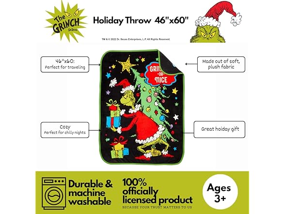 Dr. Seuss The Grinch Throw 46 in x 60 in