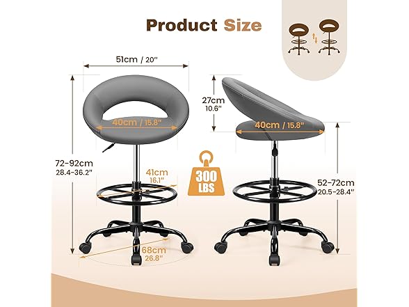 BESTFAIR Drafting Chair for Standing Desk, Height Adjustable Rolling Stool with Backrest & Footrest, Tall 360° Swivel PU Leather Stool Chair with Wheels for Office, Gray (Open Box)