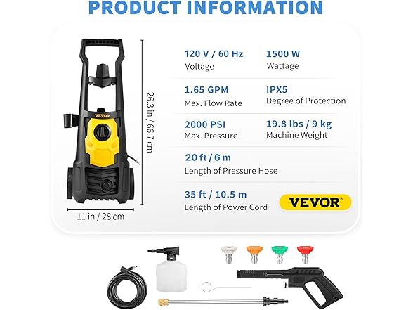 VEVOR Electric Power Washer, 2000 PSI 1.65 GMP