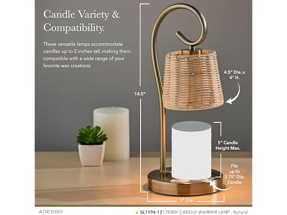 Adesso Candle Warmer Lamp, Antique Brass & Rattan, Dimmable