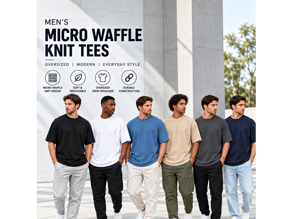 5Pk Mens Waffle Knit Drop Shoulder Tee