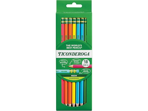 Ticonderoga Wooden Pencils, Pre-Sharpened #2 HB Soft, Neon Colors, 18-Count, 13018 (Pack of 72, 1296 Count Total)