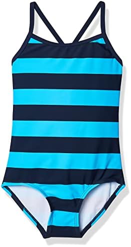 Kanu Surf Girls Beach Sport Banded 1 Piece Swimsuit, Layla Navy/Aqua Stripe, 6X