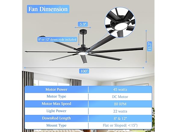 Parrot Uncle F8002BK-PU 100 Inch 100" Ceiling Fan