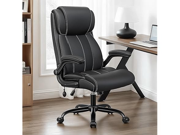 BESTFAIR Ergonomic Office Chair - Desk Computer Chair, Leather High Back Executive Chairs with Adjustable Lumbar Support & Flip Up Arms, Rocking, Black (Open Box)