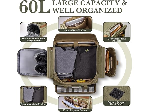 SHOWKOO Army Green 60L Duffle Bag