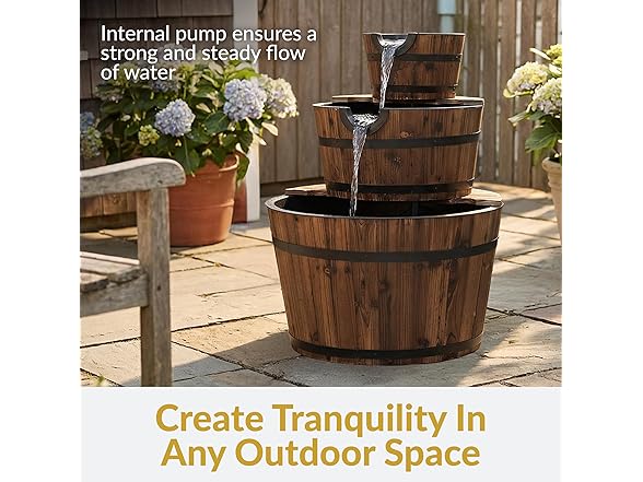 Sunnydaze 3-Tier Wood Barrel Water Fountain