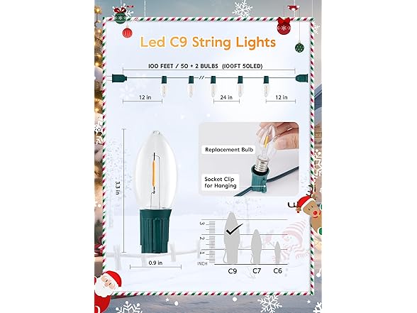 Brightown Vintage C9 LED Christmas Lights Outdoor, 100ft