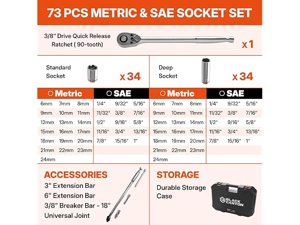 BLACK CANYON 73-Piece 3/8 Deep Socket Set