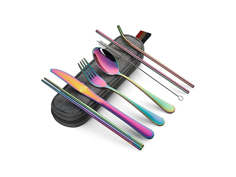 DEVICO Portable Utensils, Travel Camping Cutlery Set, 8-Piece including Knife Fork Spoon Chopsticks Cleaning Brush Straws Portable Case, Stainless Steel Flatware set (Rainbow)
