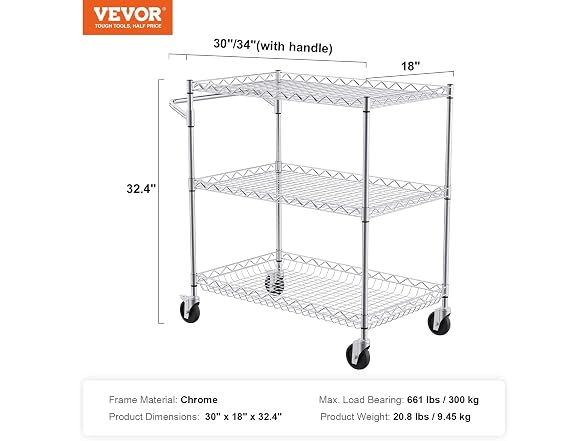 Kitchen Utility Cart, 3 Tiers, Wire Rolling Cart