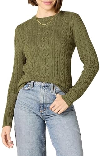 Amazon Essentials Women's Soft Fisherman Cable Long-Sleeve Crewneck Sweater (Available in Plus Size), Olive, Small