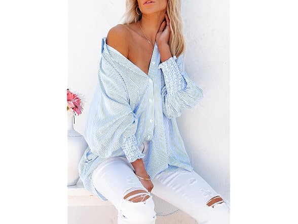 LEMAFER Womens Smocked Boyfriend Shirt
