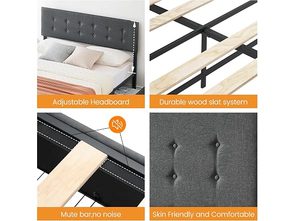IDEALHOUSE Queen Bed, 4 Drawers, Grey