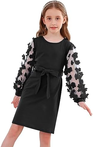 Girl's Puff Long Sleeve Dress With Belt