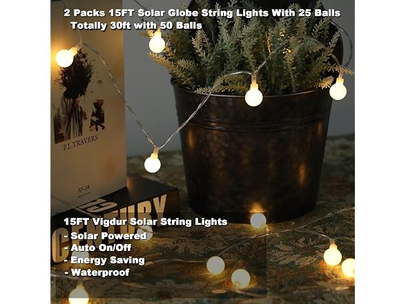 Vigdur GAR-115 (2 Pack) 15ft Solar Globe String Lights