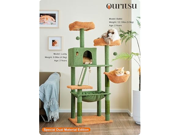 Ouritsu Cat Tree, 56" Tall Cat Tower, Green