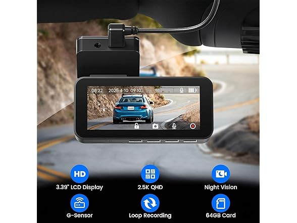 Yonvim 2.5K Dash Cam Front Rear 64GB