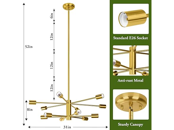 BesLowe 31'' 12-Light Modern Sputnik Chandelier, Gold