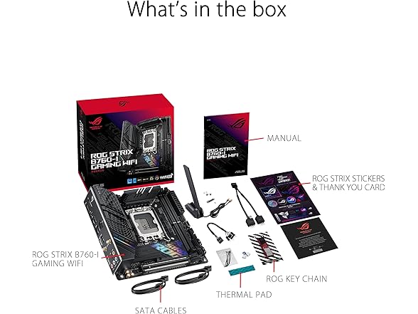 ASUS ROG Strix B760-I Gaming WiFi Intel® B760(13th and 12th Gen)LGA 1700 mini-ITX motherboard,8 + 1 power stages,DDR5 up to 7600 MT/s, PCIe 5.0,2xM.2 slots,WiFi 6E,USB 3.2 Gen 2x2 Type-C,Aura Sync RGB (Open Box)