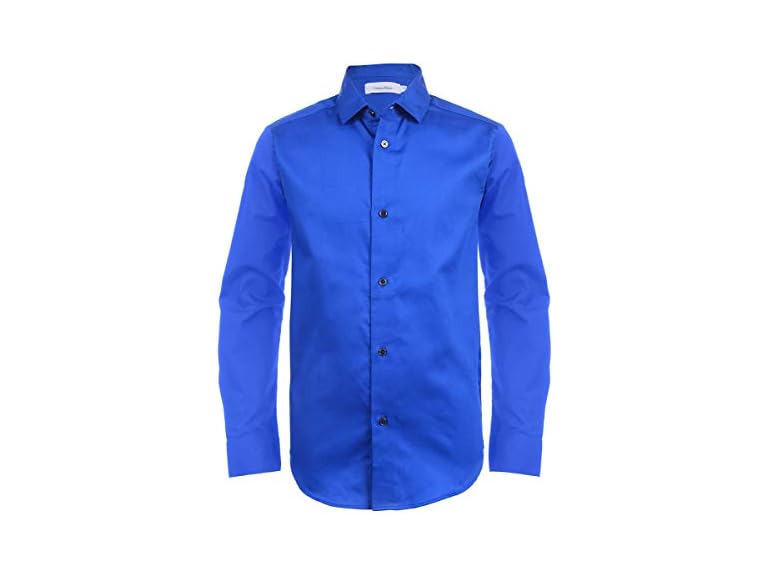 Calvin Klein Boys' Long Sleeve Sateen Dress Shirt, Button-Down Style with Buttoned Cuffs & Shirttail Hem, Dark Blue, 8