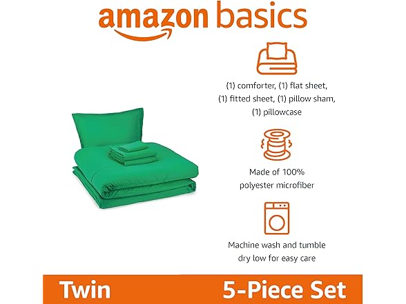 Amazon Basics 5Pc Kids Bedding Set, Twin