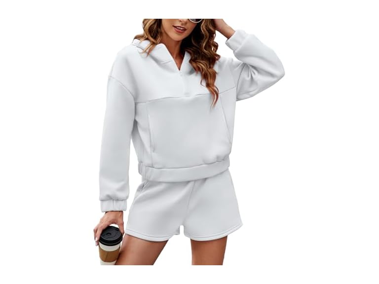 FKEEP Womens 2 Piece Sweatsuit Outfits Half Zip Hoodie Sweat with Shorts Pockets Lounge Winter Tracksuit Wear Matching Set