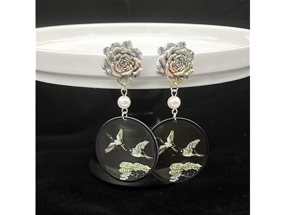 Rose with Crane-Flying Pendant Earrings