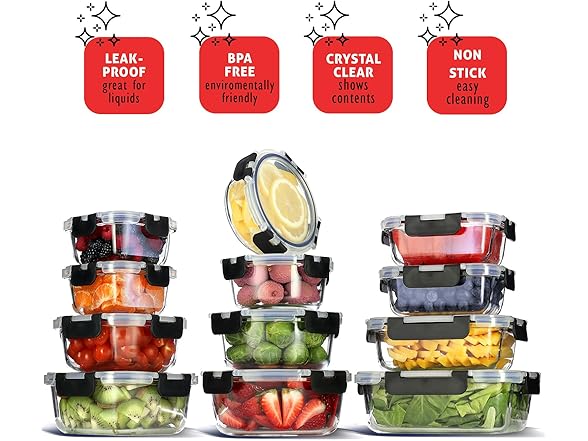 EATEX 24pc Glass Storage Containers with Lids