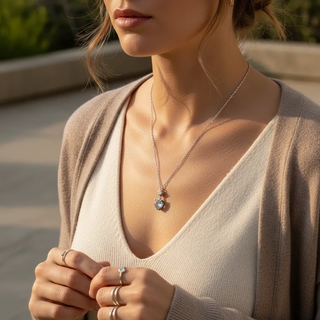 Heart Cut Aqua Moissanite Necklace - Gallery 6
