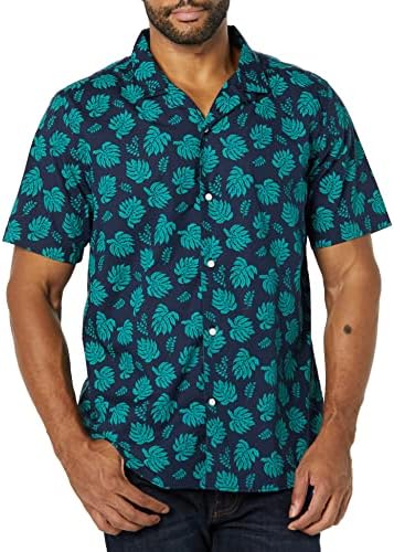 Amazon Essentials Men's Vacation Cotton Resort Shirt, Slim-Fit Short Sleeve, Navy Teal Green Palm Leaf Print, X-Large