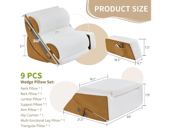 paxato 9PCS Wedge Pillow Set Brown