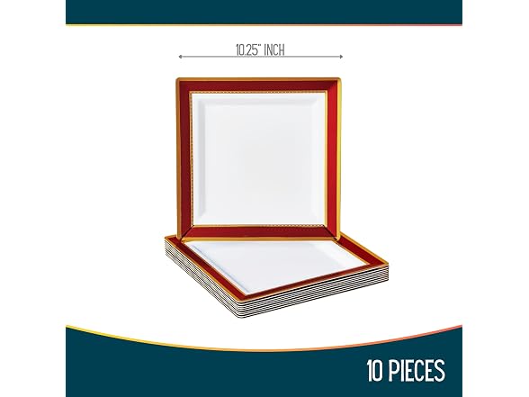White Square Plastic Dinner Plates with Red Rim - 10.25" (Pack of 10) 
