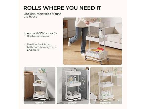 3 Tier Rolling Cart with Wheels for Home Organization