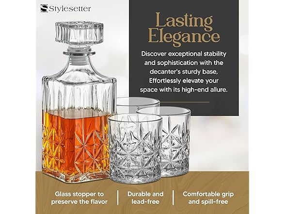 Style Setter Whiskey Decanter Set with Glasses
