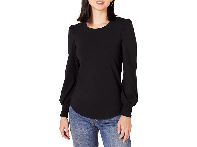 Amazon Essentials Women's Long-Sleeve Crewneck Smocked Cuff T-Shirt, Black, X-Small