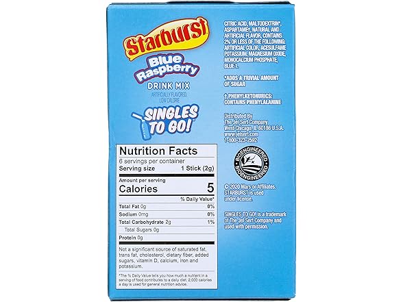 6CT Starburst Singles to Go Blue Raspberry Drink Mix