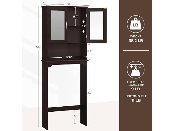 Yaheetech Over the Toilet Storage Cabinet with Glass Doors