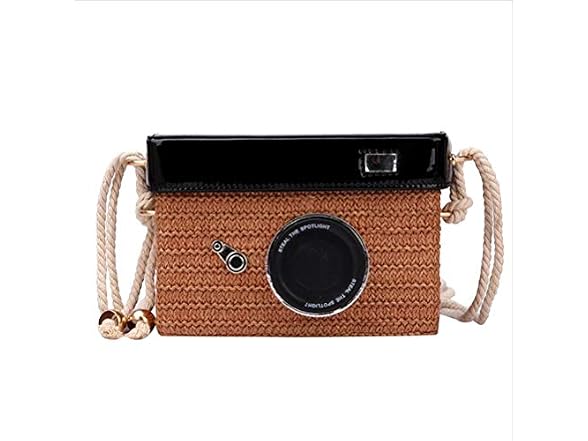 TENDYCOCO Crossbody Bag Camera Shaped Straw Woven Bag Mini Shoulder Bag for Women ( )