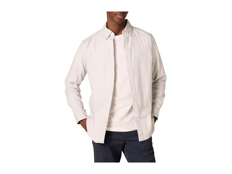 Amazon Essentials Men's Long-Sleeve Regular-Fit Stretch Oxford Shirt (Available in Big & Tall), Light Grey, Large