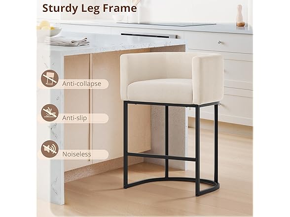 LUE BONA 27" H Counter Height Bar Stools Set of 2, Modern Barrel Counter Stools with Backrest and Arms, Black Metal Frames, Linen Fabric Upholstered Accent Barstools for Kitchen Island, Linen Color (Open Box)