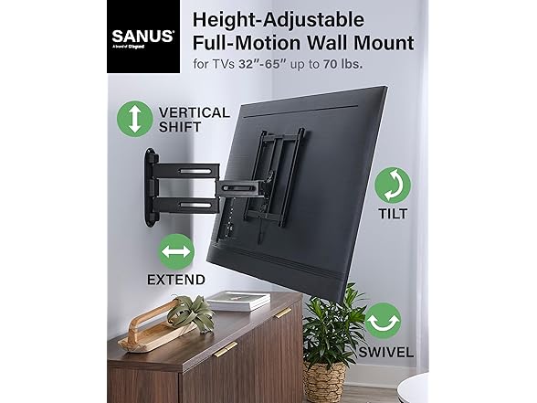 SANUS Height Adjustable Full Motion TV Wall Mount for 32” to 65” TVs – Raise or Lower TV 3” After Install – Maximizes Compatibility with Your Setup – 3 Step DIY w/Smooth Extension, Tilt & Swivel (Open Box)